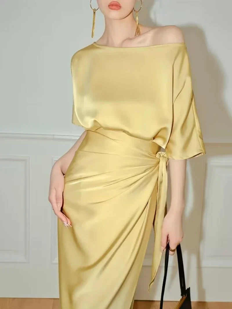 Women's Gold Sashes Asymmetrical Satin Maxi Prom Dresses 2024 Summer Fashion Office Lady Long Formal Cocktail Dresses for Women