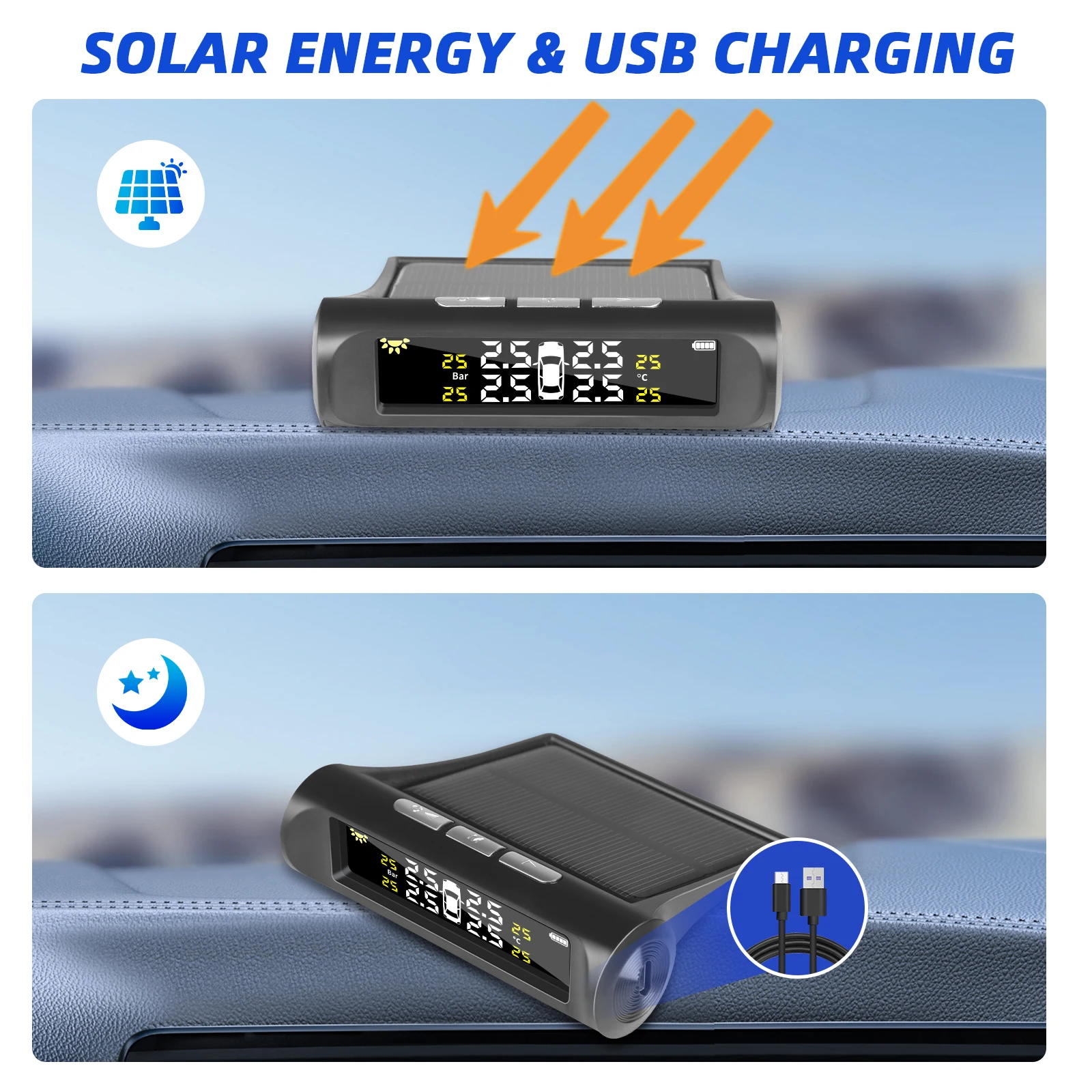 

TPMS sensor car tire pressure Monitoring System, 4 Sensors, Solar and USB Charging, LCD Display, car tire pressure sensor