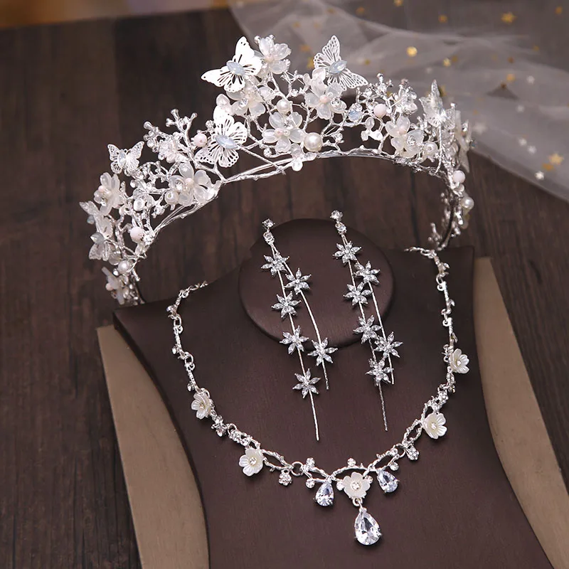 Luxury Crystal Beaded Pearls Butterfly Bridal Jewelry Sets Fashion Tiaras Earrings Necklaces Set Wedding Dress Crown Jewelry Set