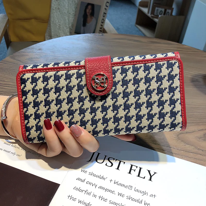 

2024 New Genuine Leather Women Wallets Houndstooth Embroidery Long Wallet Excellent Cowhide Billfold For Cell Phone Clutch Bags