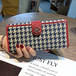 2024 nuevas carteras de cuero genuino para mujer, cartera larga con bordado de pata de gallo, excelente billetera de piel de vaca para bolsos de mano para teléfono móvil