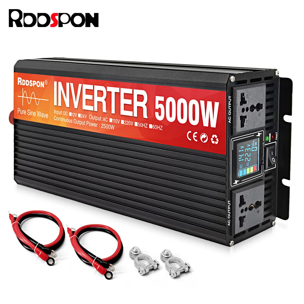 RDDSPON Pure Sine Wave Inverter LCD Display 3000W 4000W 5000W DC 12V 24V To AC 220V Voltage Converters Solar Power Car Inverters