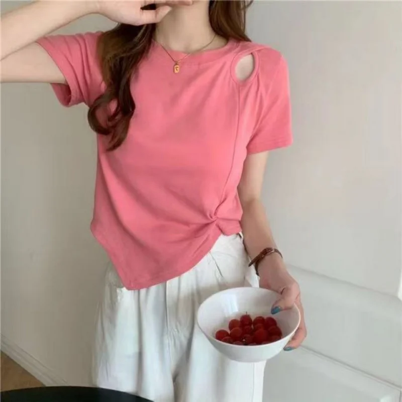 

New Design Sense Niche Hollow High Waist Slimming Short Top Sweet And Spicy Pink Short Sleeved T-Shirt