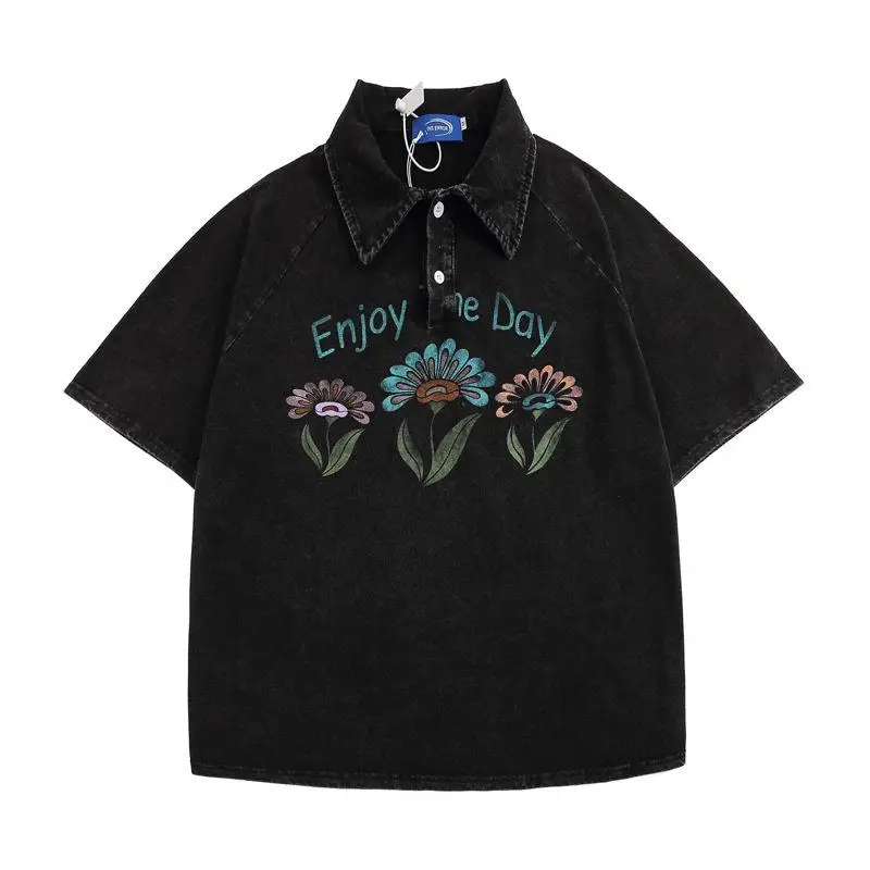 

Washed Vintage Floral Print Shirt Women's Short Sleeve Turn-down Collar T-shirt Summer Casual Cotton Fashion Brand