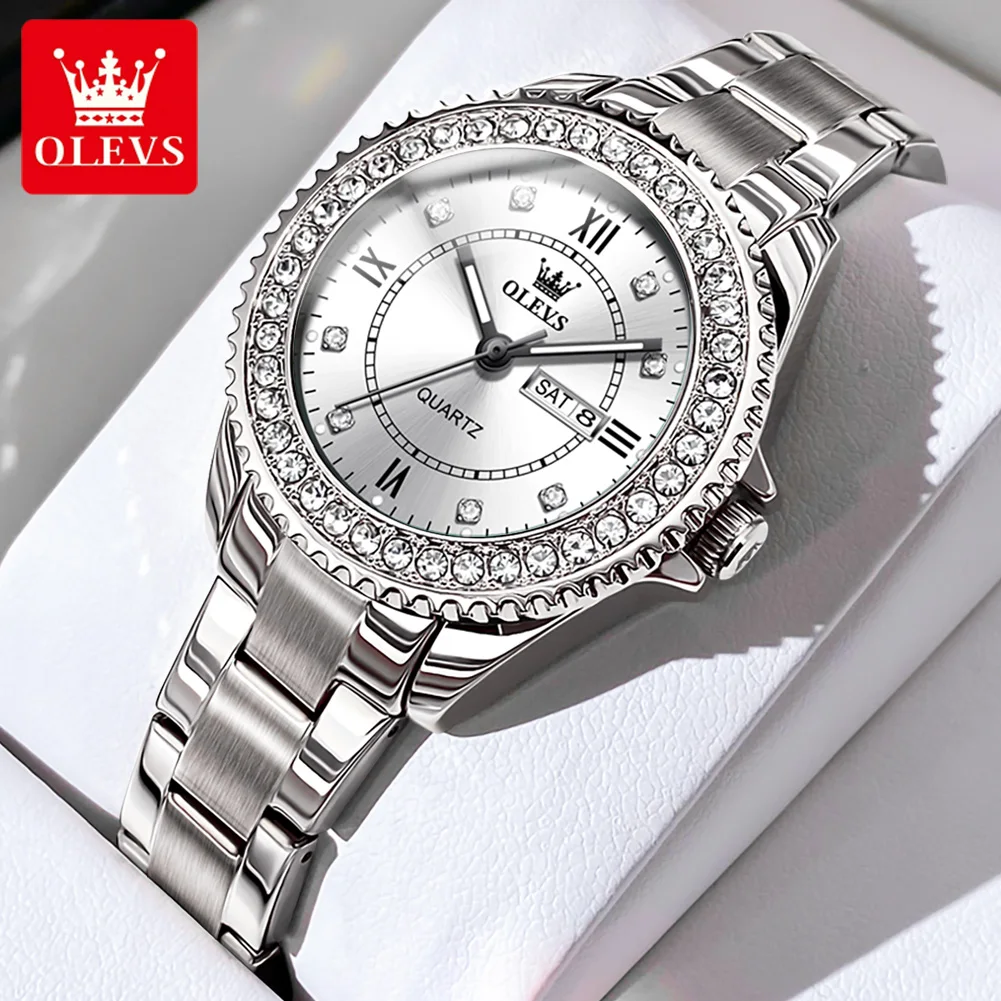 OLEVS 9993 Luxury Dual Calendar Watch For Women Original Waterproof Stainless Steel Woman Watches Roman Scale Quartz Wristwatch