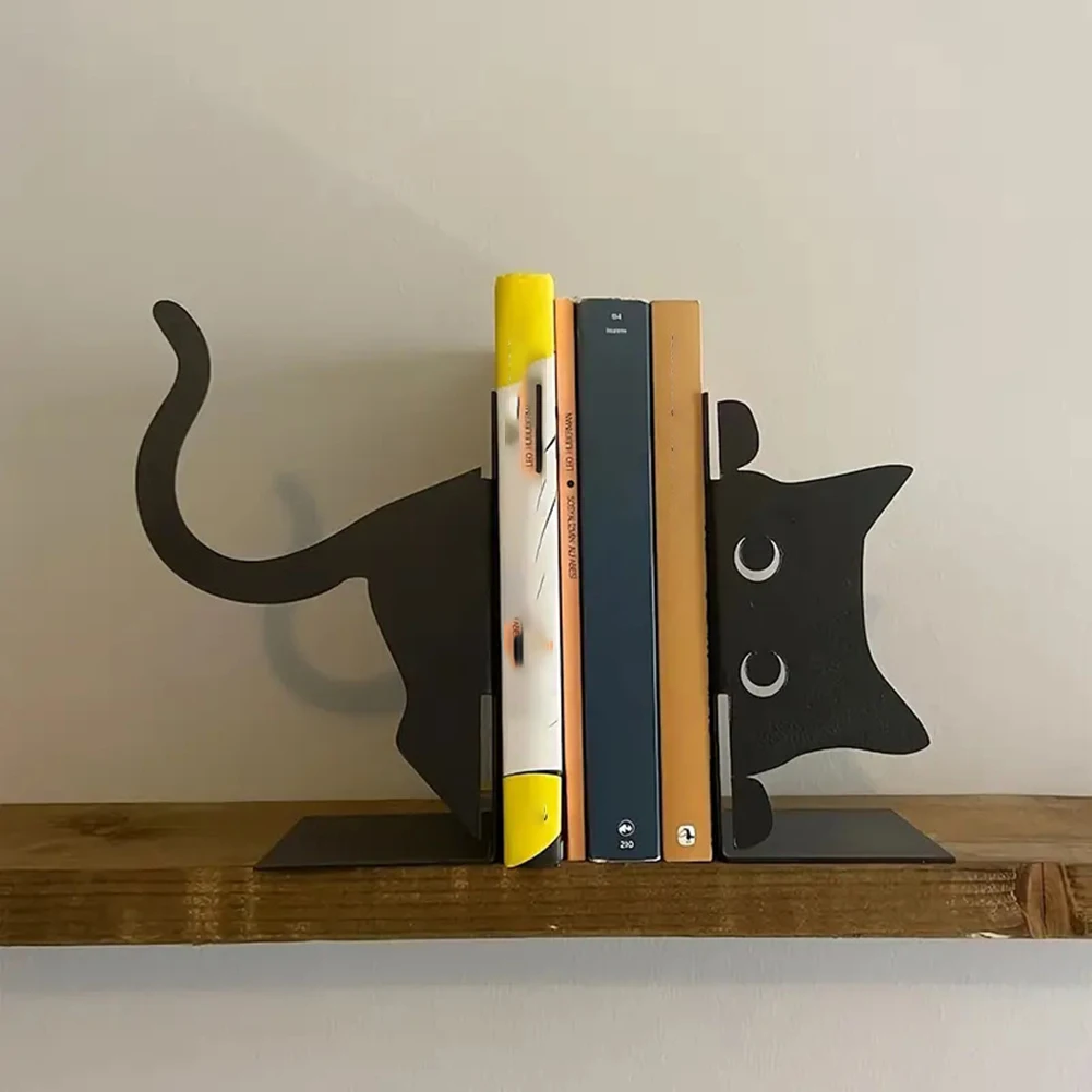 AC57-1 Pair Metal Bookends Whimsical Cat Design Decorative Bookends Rounded Edges Book Holders Office Library Decoration
