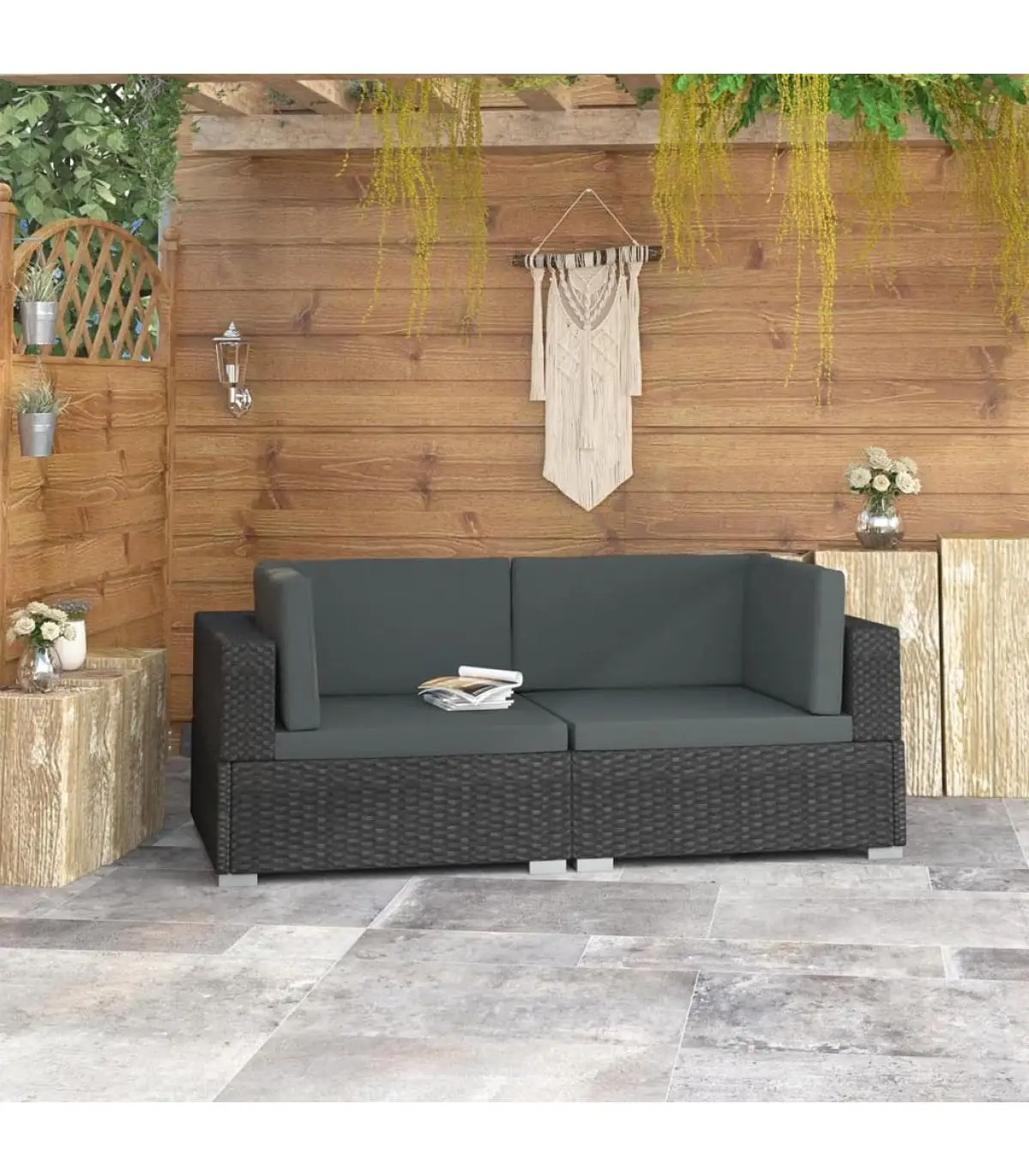 Modular outdoor sofa Corner sectional seat with cushions 2 pcs Black PE Rattan