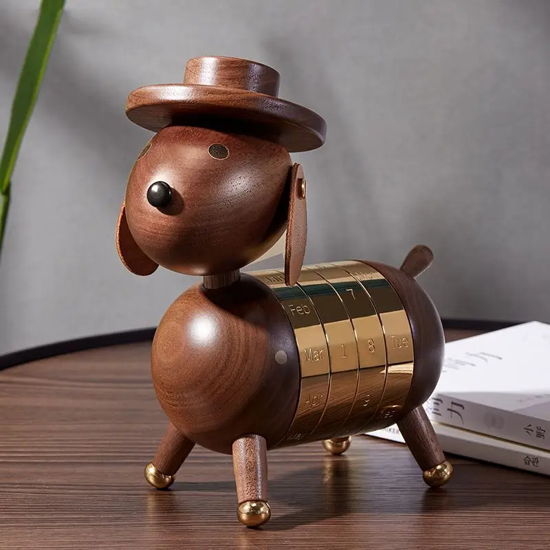 Wood color life creative walnut solid wood, gentleman puppy office, desktop calendar ornament, desktop birthday gift