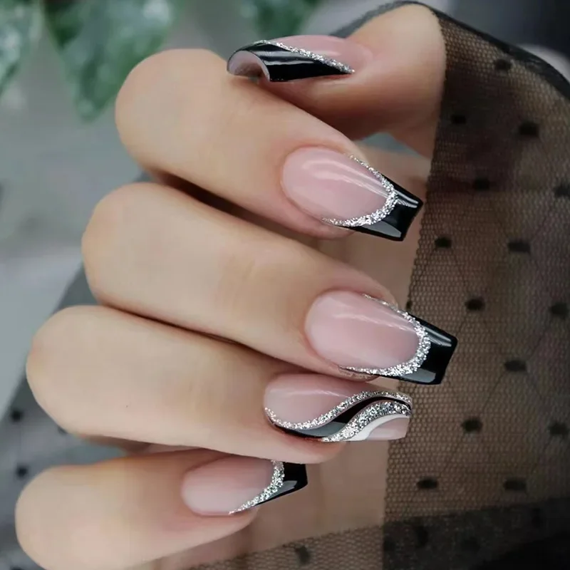 24Pcs/Set Handmade Medium Long Square Wearing False Nails Tips French Line Stickers Fake Nails Removable Acrylic Press on Nails