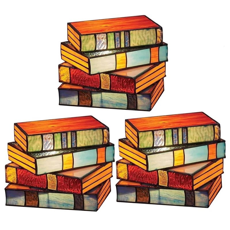 

3PCS Stained Glass Stacked Books Lamp Vintage Handcrafted Glass Nightstand Desk Book Lamps Multicolor