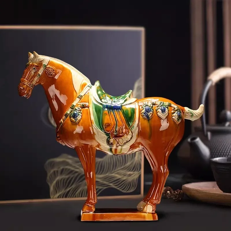 Chinese Tang Tri-Color Glazed Ceramics War Horse Porcelain Statue  Home Ornaments