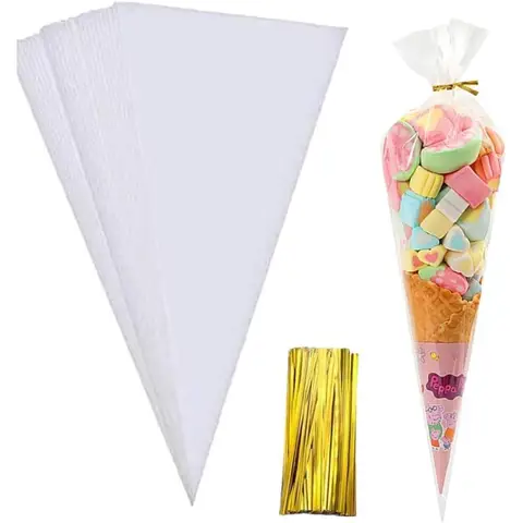 Torebki stożkowe 100 szt. Przezroczyste torebki celofanowe na przekąski, popcorn, trójkątne torebki na słodycze z zapięciem na sznurek do ciastek, rękodzieła, 16 cm x 30 cm