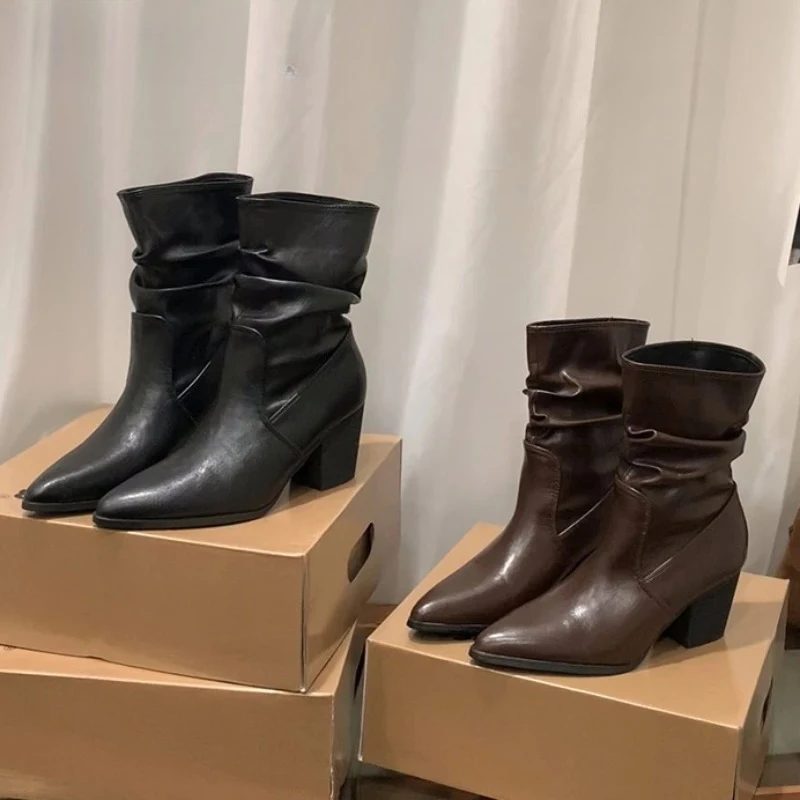 

Осенне-зимние модные ботильоны с острым носком, женская обувь без шнуровки на толстом каблуке, уличная стильная обувь для банкета и вечеринки, короткие Botas Mujer