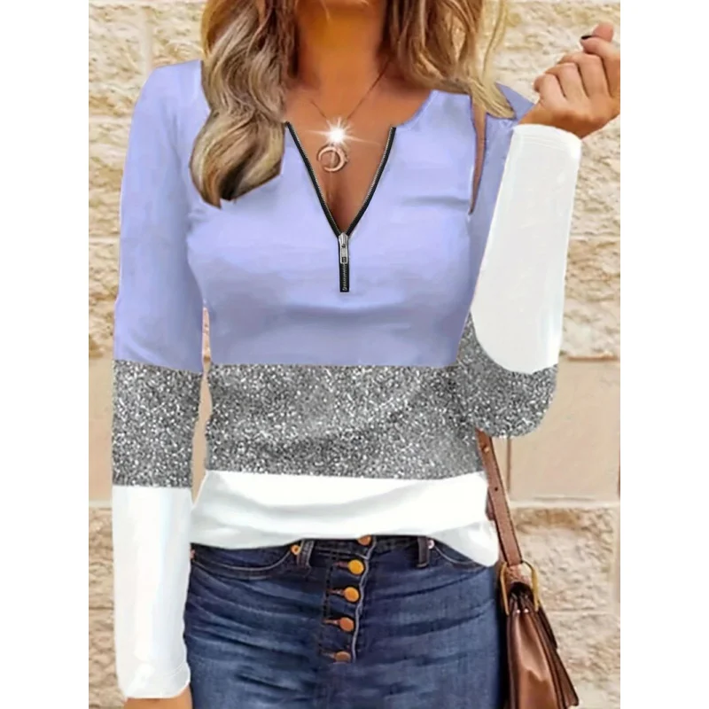 

New Printed Color Block Sweetheart Lace V Long Sleeve Casual Shirt