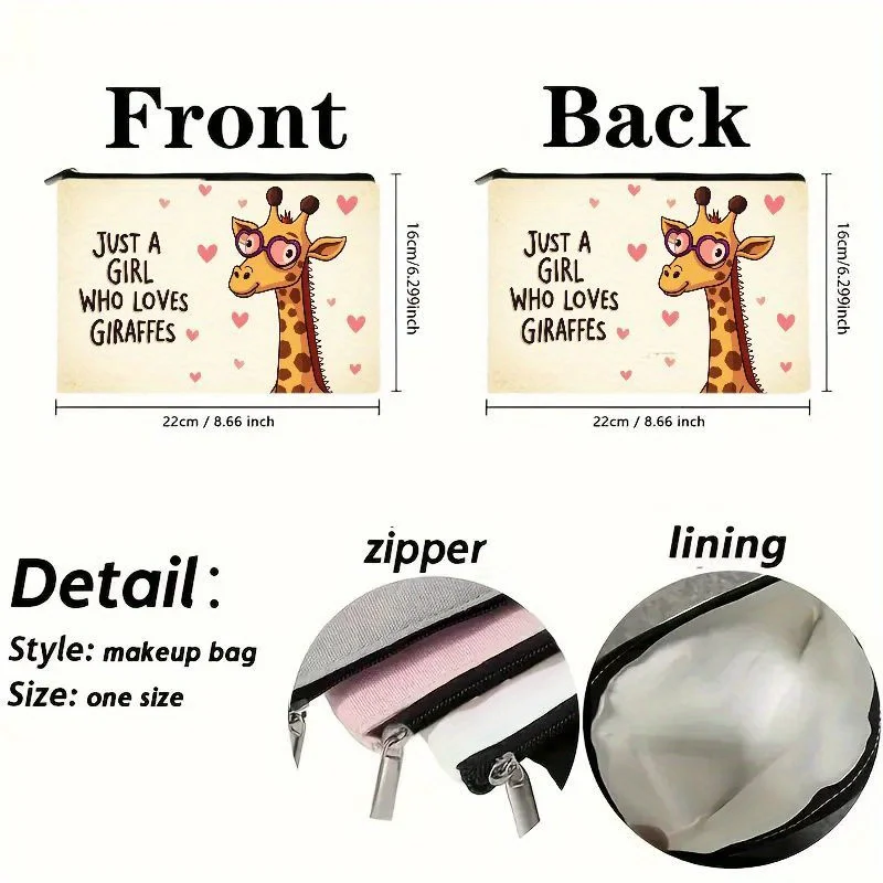 Cute Giraffe Lovers Cosmetic Bag，Features heart-shaped glasses and a spotted giraffe print ，Zippered makeup bag，Durable and ligh