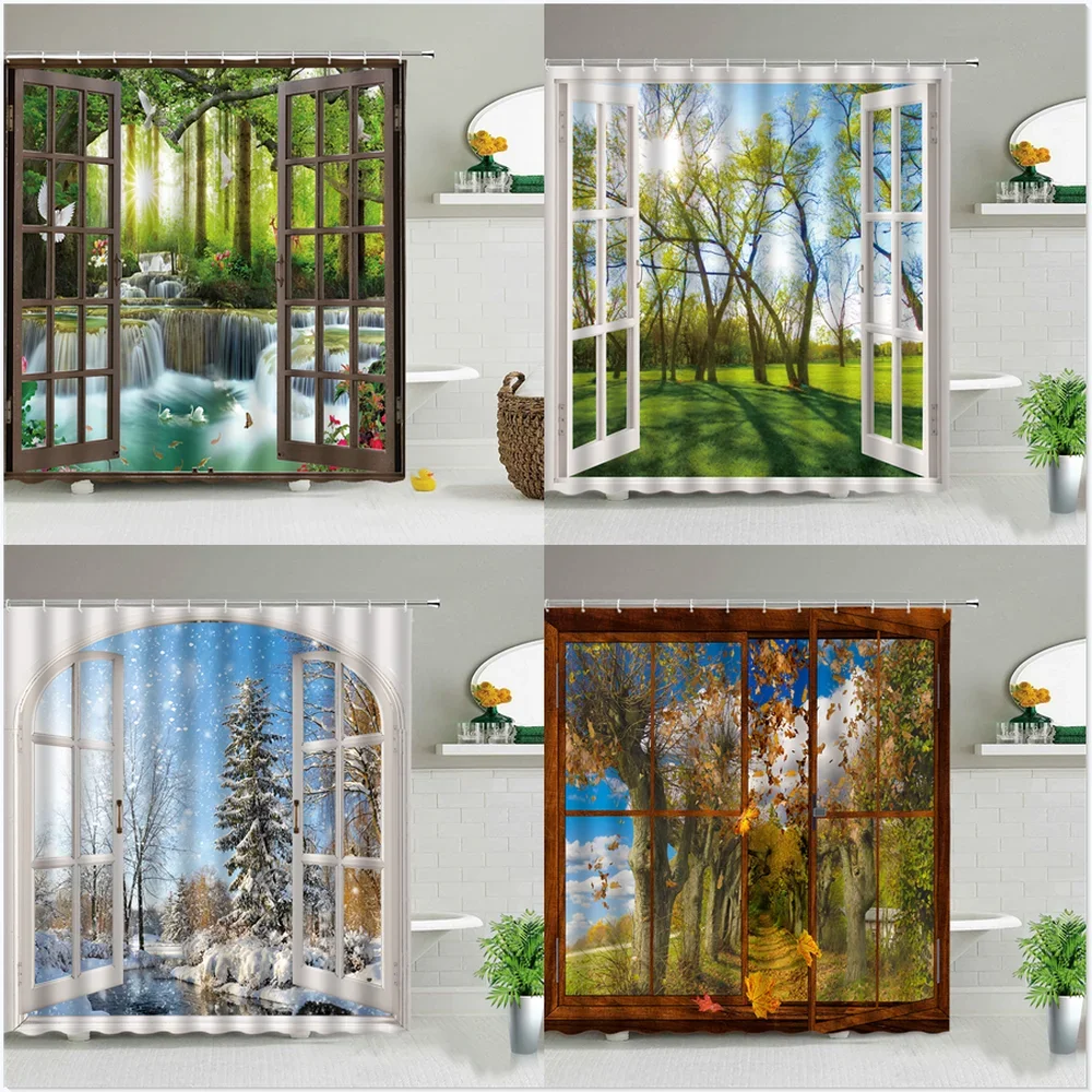 Spring Scenery Winter Landscape Bath Curtains 3d Printing Window Forest Waterfall Shower Curtain Waterproof Cloth Bathroom Decor