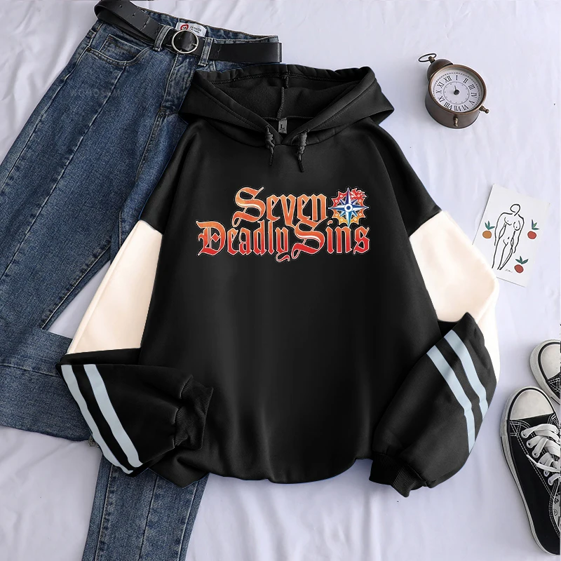 Anime The Seven Deadly Sins Letter Print Patchwork Hoody Pullovers Male Harajuku Funny Manga Unisex Oversized Casual Sweatshirts