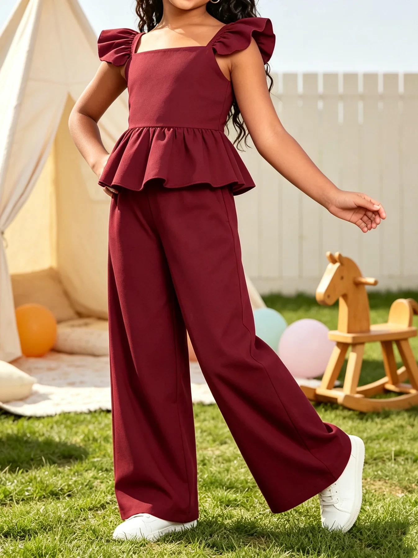 Girls Peplum Wide Leg Jumpsuit Casual Square Neck Slim Fit All-In-One Design Comfortable Daily Wear Weekend Trips