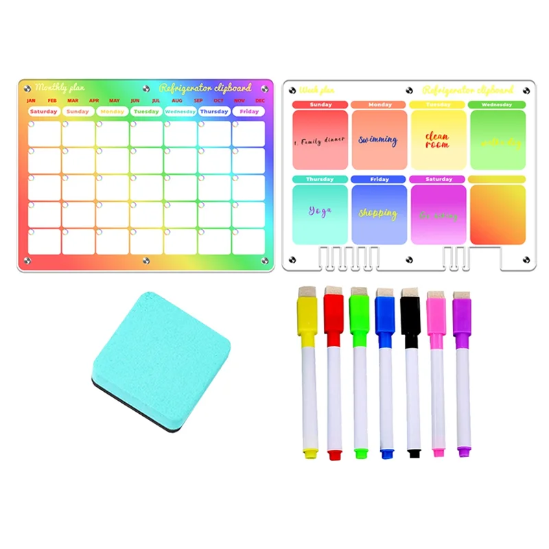 A76F-2 Set Clear Reusable Planner Whiteboard Calendar 16X12in Magnetic Calendar For Fridge Monthly & Weekly Calendar