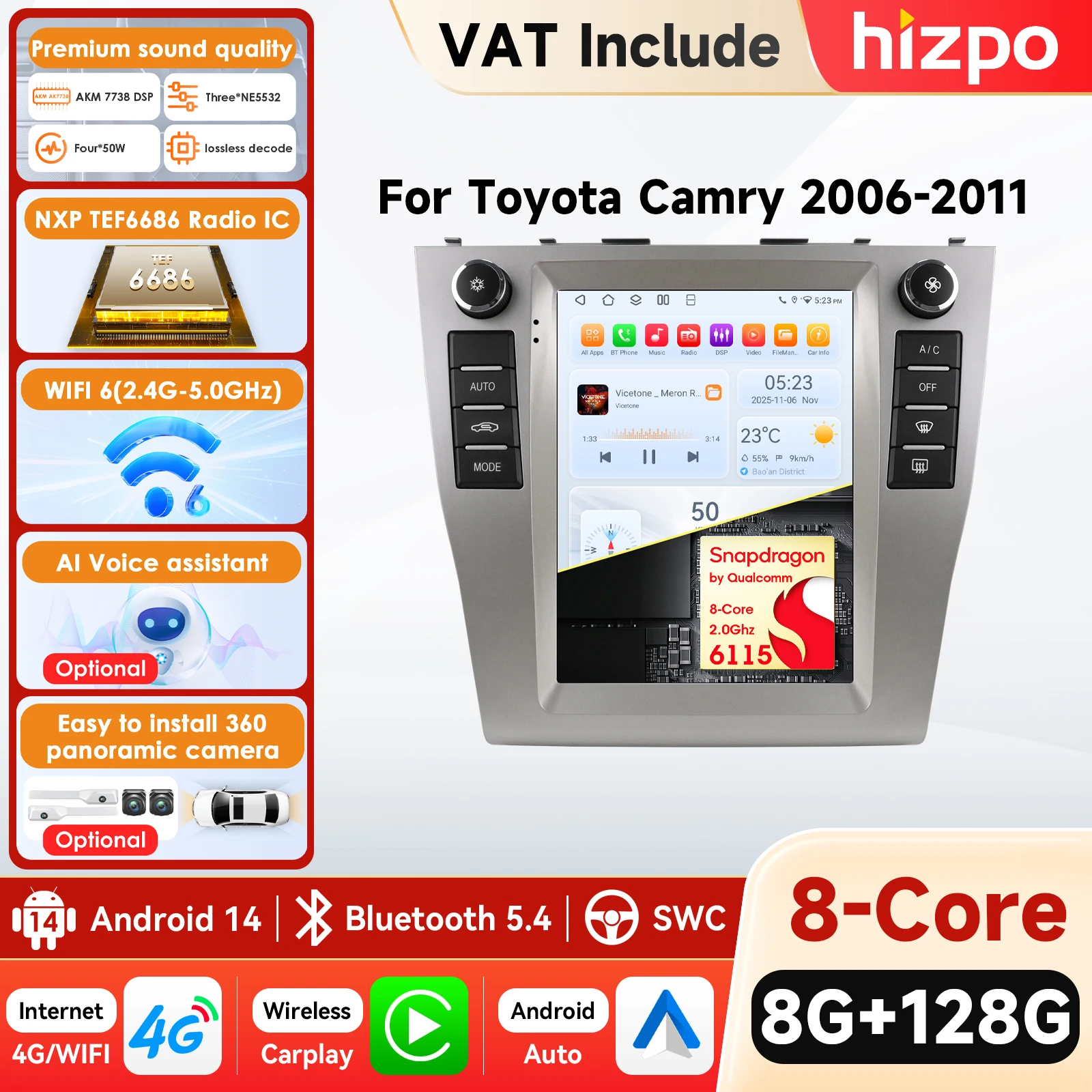 Radio para Auto Hizpo 6115 para Toyota Camry 6 XV 40 50 2006-2011, Navegación GPS, Multimedia, CarPlay, Android Auto, Estéreo, Video, Audio