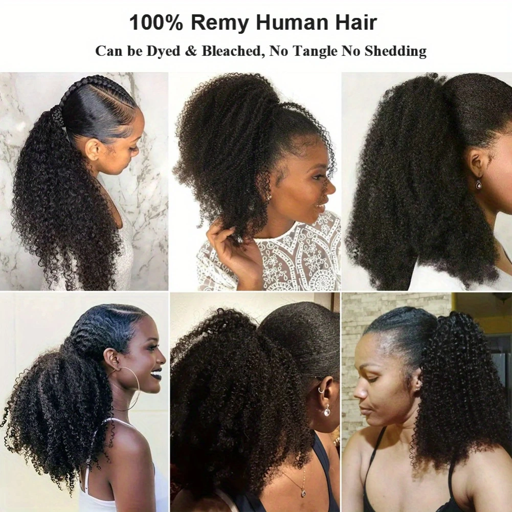 Clips de cabello humano en cola de caballo con cordón, cola de caballo larga y rizada con cordón para mujer, pelo de cola de caballo rizado negro de 8-26 pulgadas