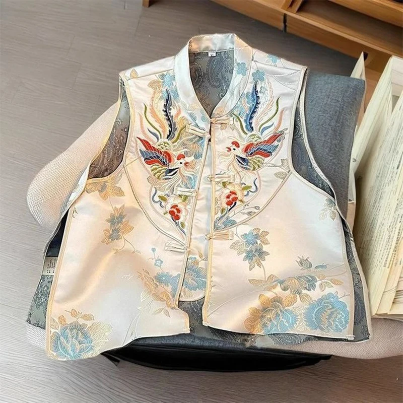 

Embroidered Vest Women Chinese Style Vintage Vest Sleeveless Retro Buckle Tops Female Summer New Fashion
