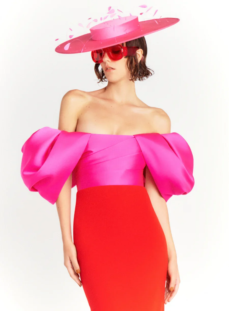 Vestidos de noche personalizados con hombros descubiertos, color rojo crepé y fucsia, con hendidura, vestido de fiesta hasta el tobillo de satén con tubo para mujer