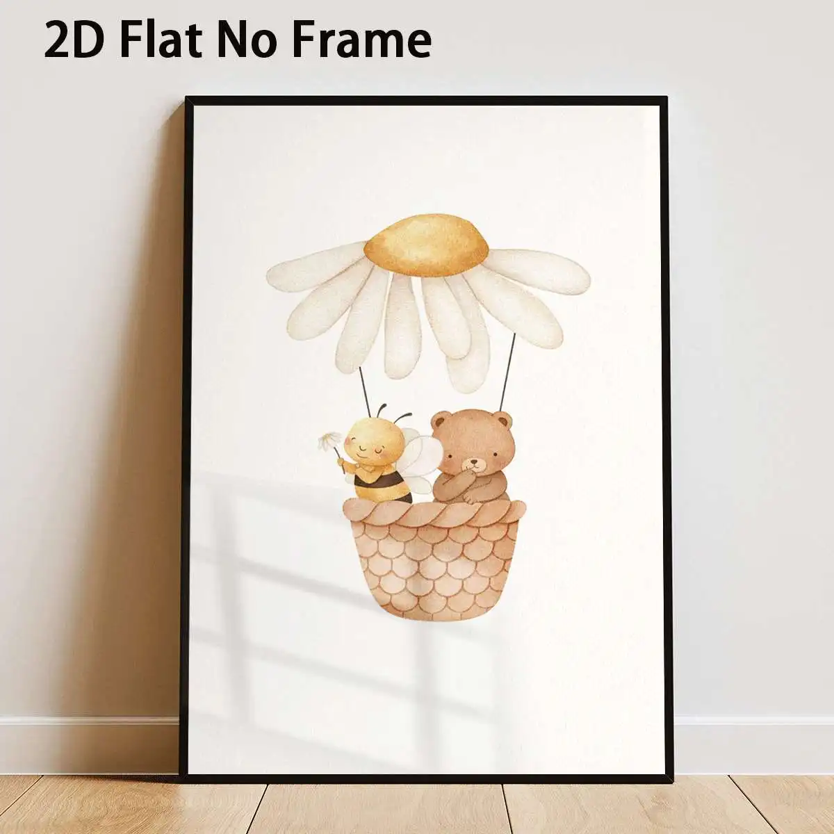 2D Flat, 2D Flat, 1pc 2D Flat Artwork Featuring a Honey Bee And a Bear Soaring in a Daisy Hot Air Balloon. This Whimsical Wat
