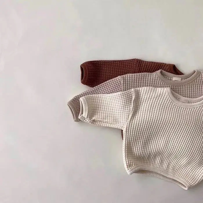 2025 Autumn New Baby Long Sleeve Sweatshirt Boys Girls Solid Loose Pullover Infant Toddler Waffle Casual Tops Children Clothes