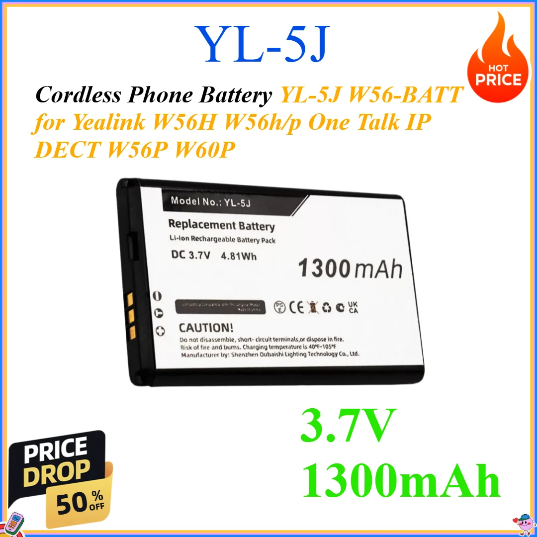 Batería para Teléfono Inalámbrico de 3.7V 1300mAh, YL-5J W56-BATT para Yealink W56H W56h/p One Talk IP DECT W56P W60P