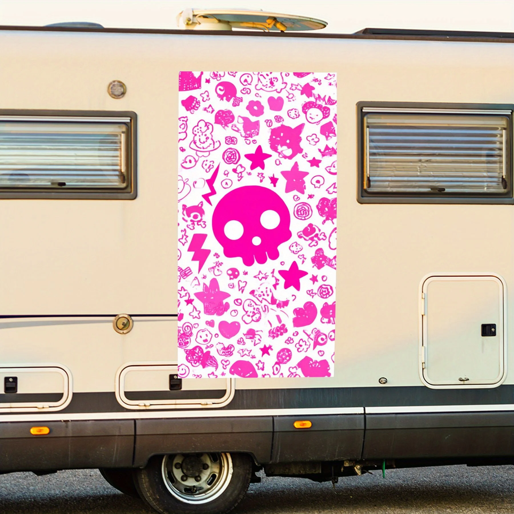 

Милый розовый череп с различными водонепроницаемыми виниловыми наклейками для стороны автофургона, самоклеящимися наклейками для украшения и защиты корпуса автофургона, идеально подходит