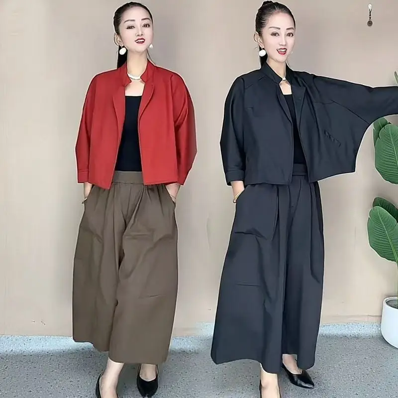 Fashion Spring Autumn Women Suit Temperament Casual Lapel Loose Short Jacket And Wide Leg Pants Two-piece Set Female Outfitts