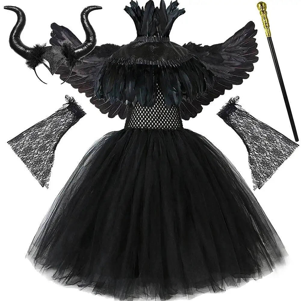 Black Gothic Witch Long Tutu Dress for Girls Dark Demon Angel Halloween Costumes with Feathers Cape Wings Kids Carnival Clothing