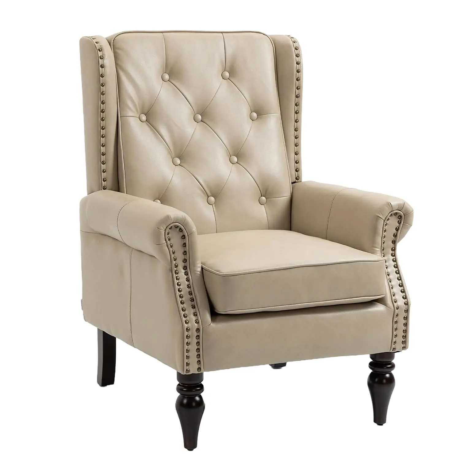 Faux Leather Wingback Armchair, Button Tufted Accent Chair with Wood Legs & Rivet, Upholstered Living Room & Bedroom Reading Cha