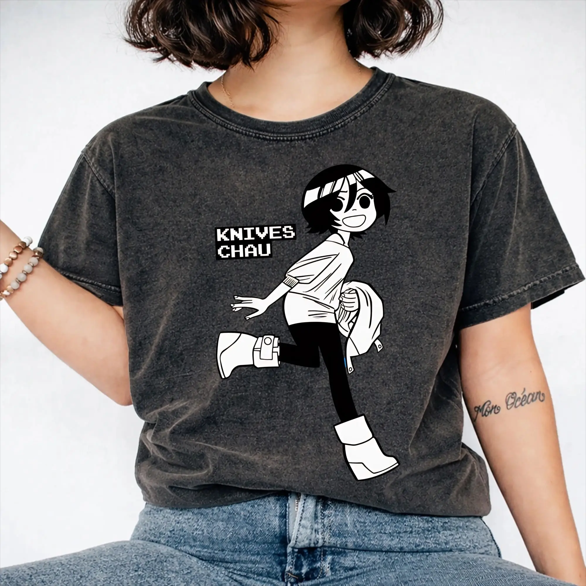 knives chau Scotts Pilgrims Universe  T Shirt Hip Hop Washed Cotton Harajuku T-Shirt  Casual for Men Women Streetwear