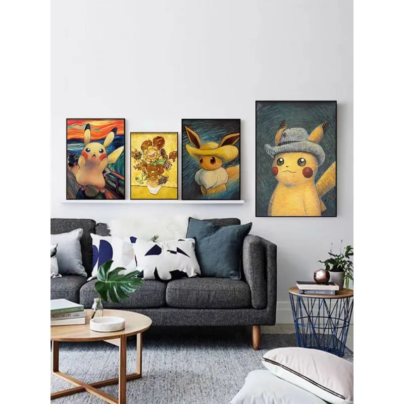 New Van Gogh Museum Pokemon Anime Figures Pikachu Watercolor Painting Canvas Posters and Prints Wall Art Picture for Living Room