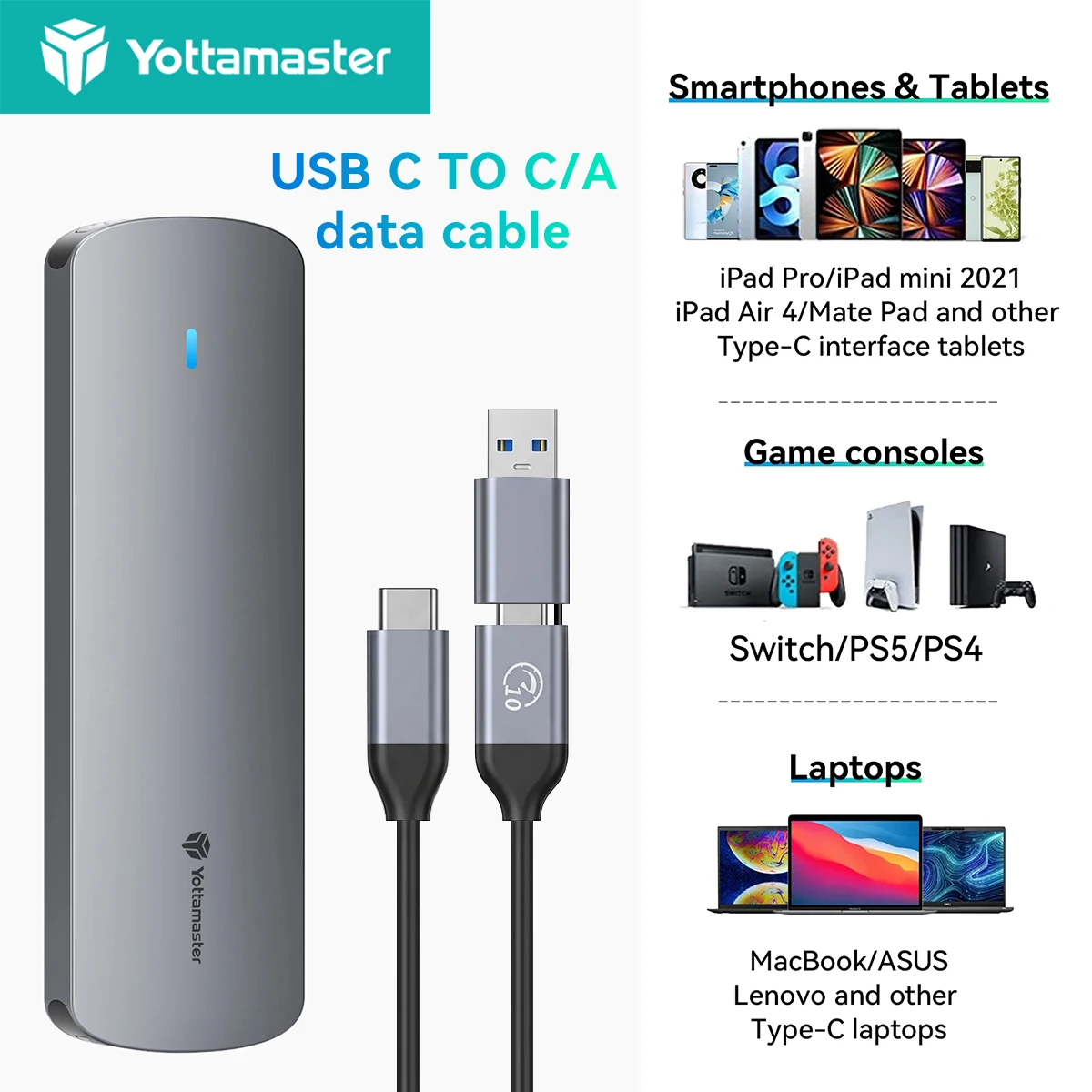 Yottamaster Case USB C para Disco Rígido M.2 NVMe de 10Gbps com Protocolo Duplo, Caixa Externa para SSD USB 3.2 de 5Gbps SATA