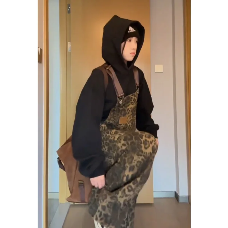 

American High Street Leopard Print Denim Overalls Women's Autumn Winter 2023 New Small Size Wide Leg Straight Loose Workwear ...
