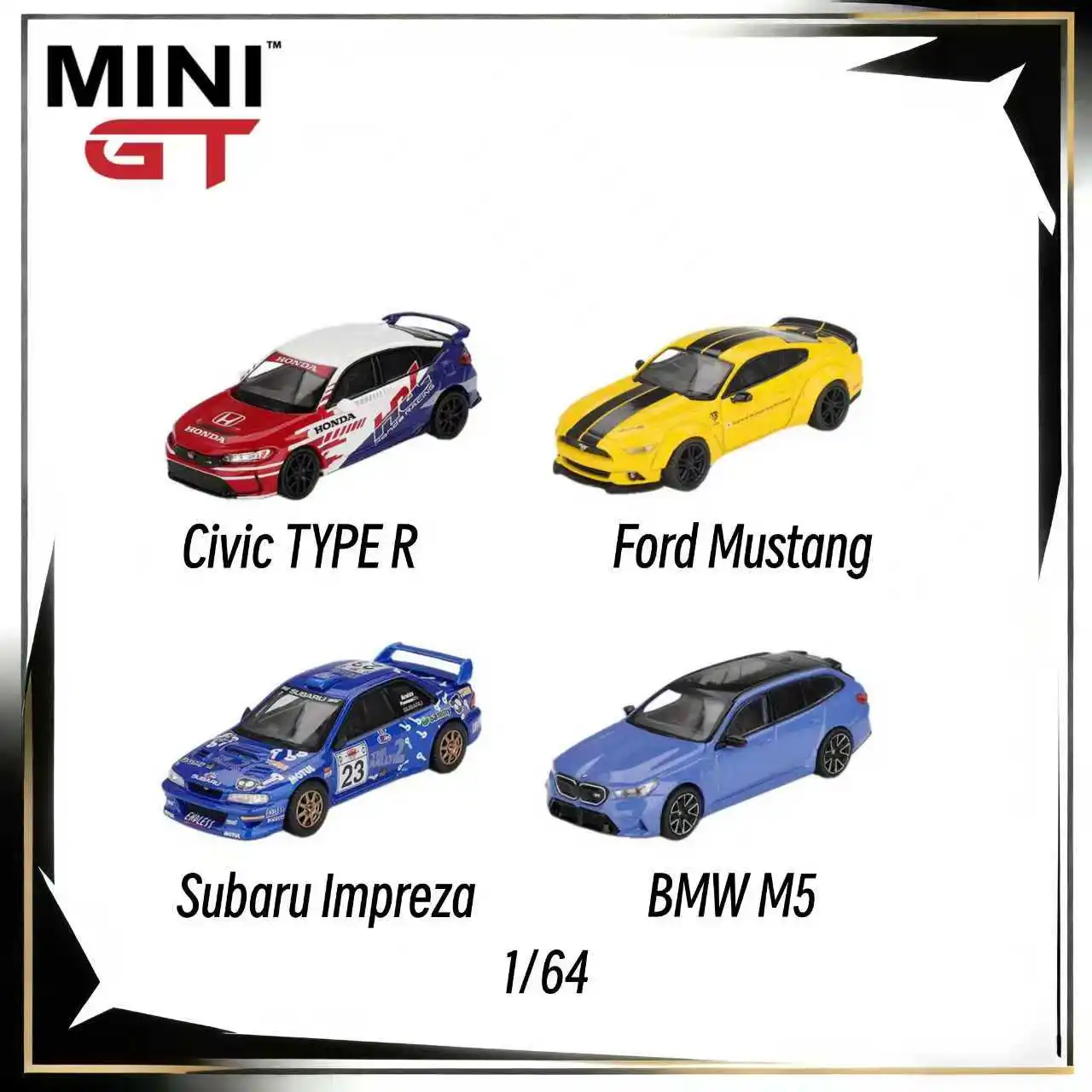 

MINIGT 1:64 Civic TYPE R Ford Mustang Subaru Impreza BMW M5, коллекция моделей автомобилей из сплава, украшения