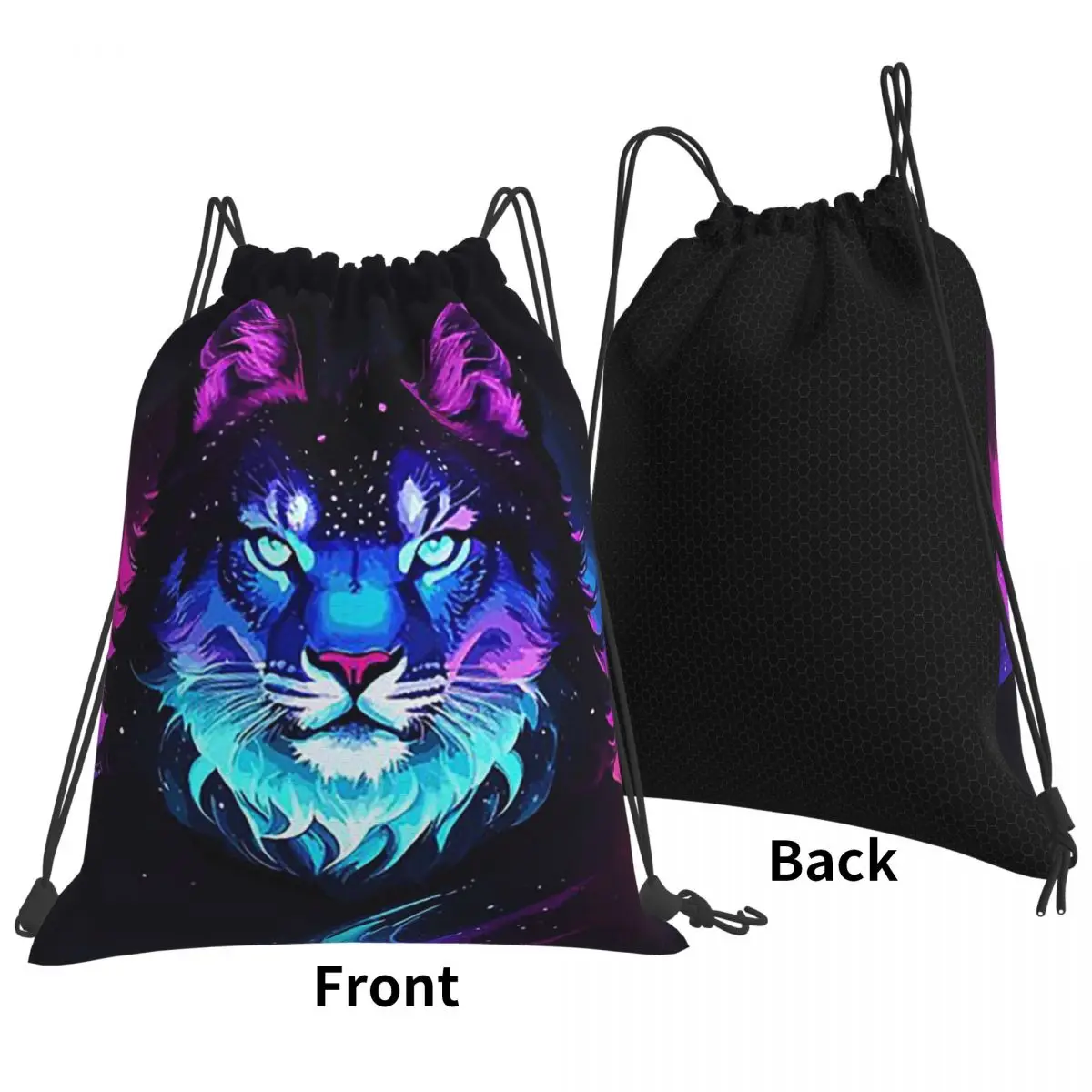 Cosmic Neon Tiger Spirit Space Galaxy Wolf Lion Face Backpacks Multi-function Drawstring Bundle Pocket Sports Bag Book Bags