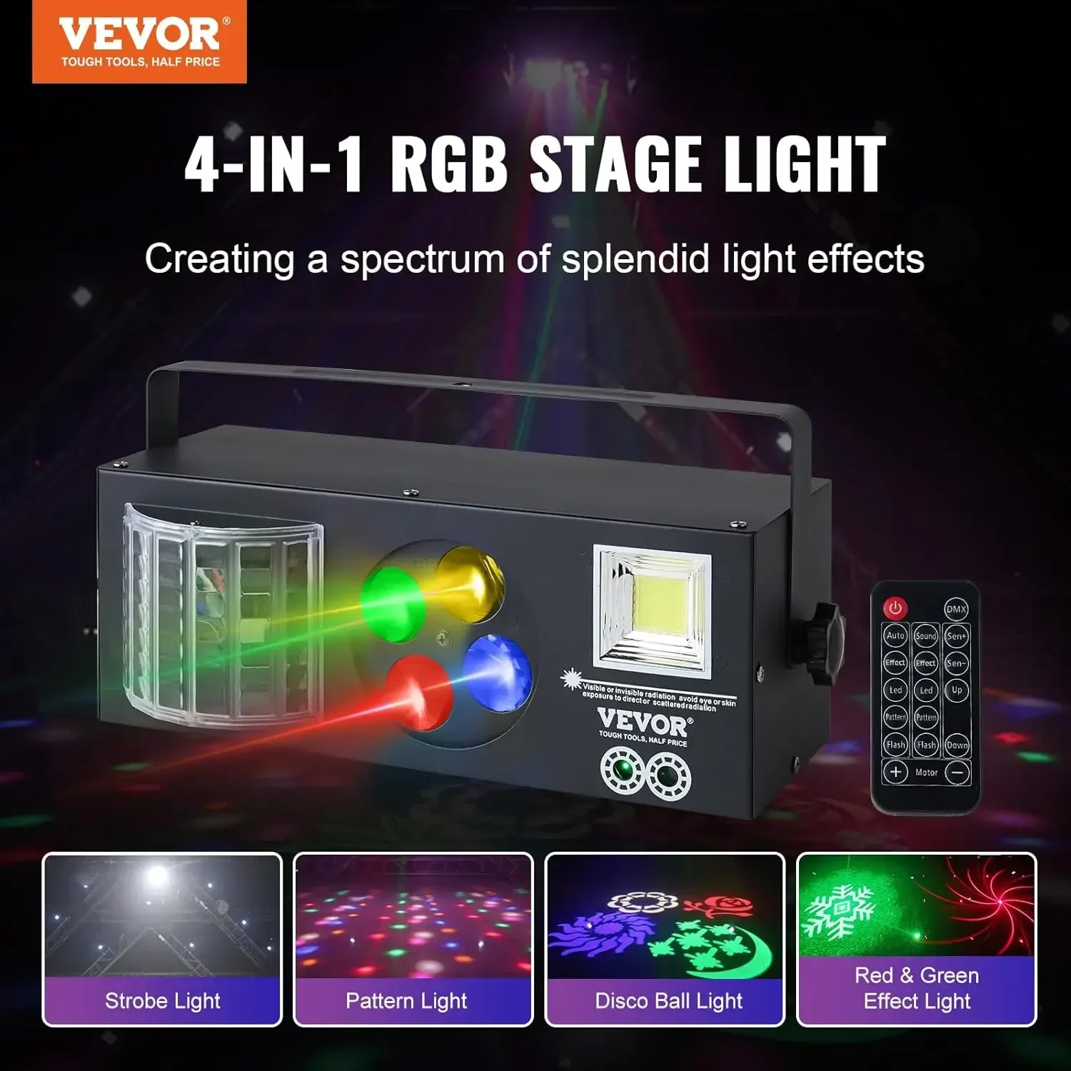 Stage Lights, 4 in 1 RGB Party Lights, LED Pattern Strobe Light, Mixed Lighting Effects Sound Activated with Red & Green Effect