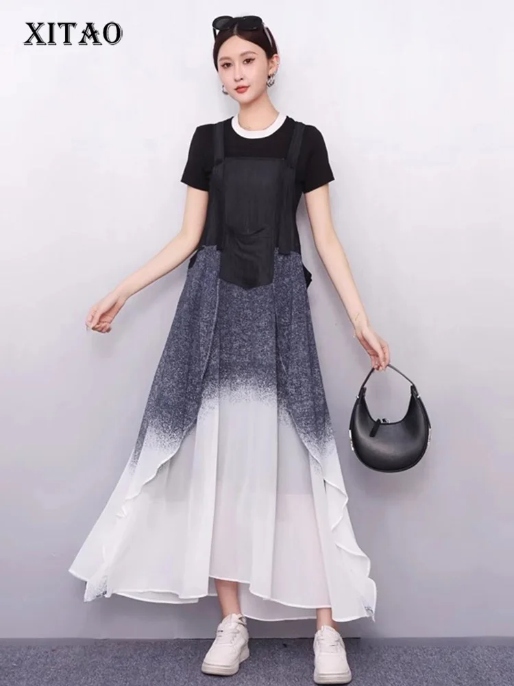 

XITAO Patchwork Pocket Sleeveless Dress Loose Casual Gradient Slimming Personality Square Collar Summer Woman Dress ZMY1348