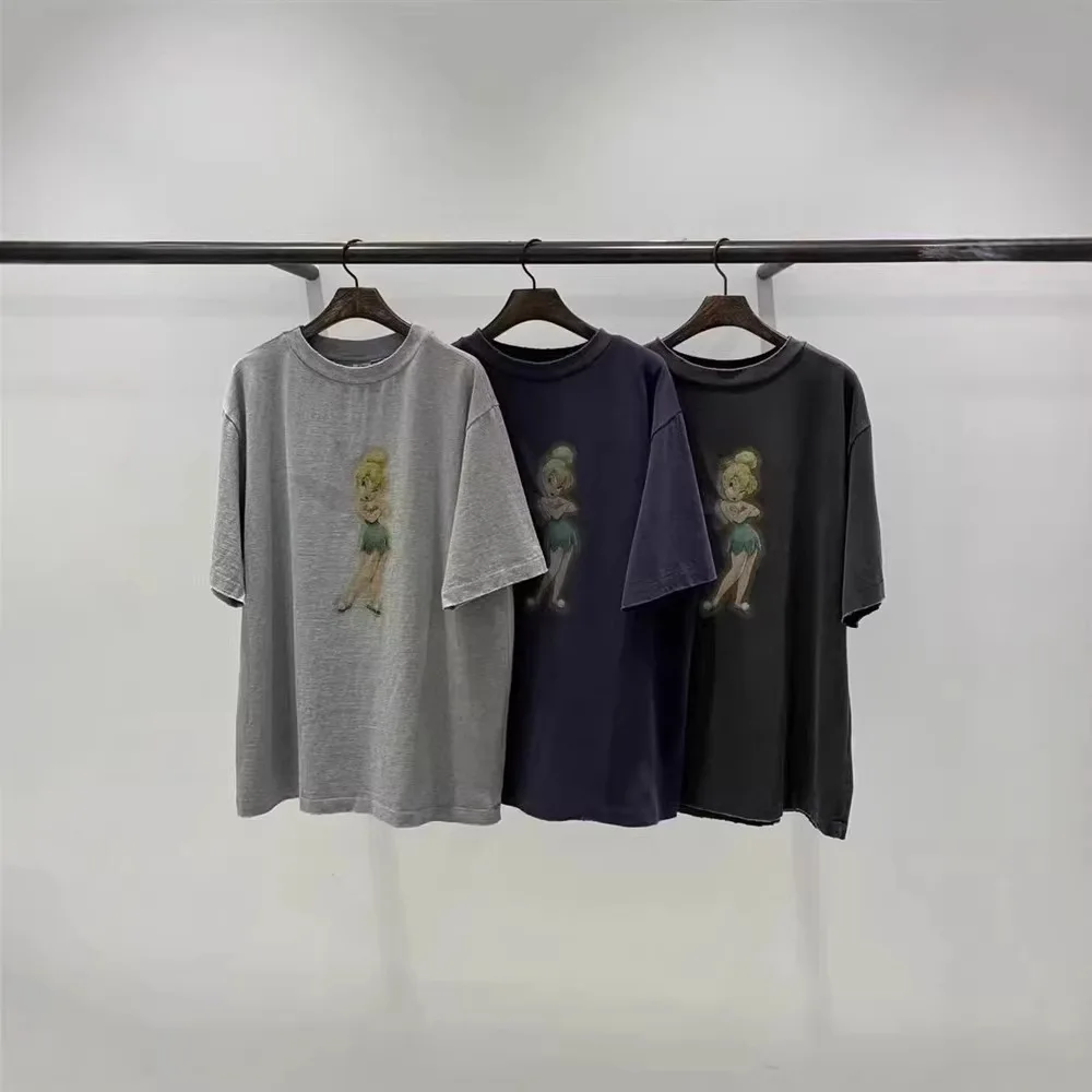 

Retro Style Fairy Print Short Sleeve T-Shirt round Neck Cotton Moisture Wicking Thickened Body Universal Fit Straight Cut Tee