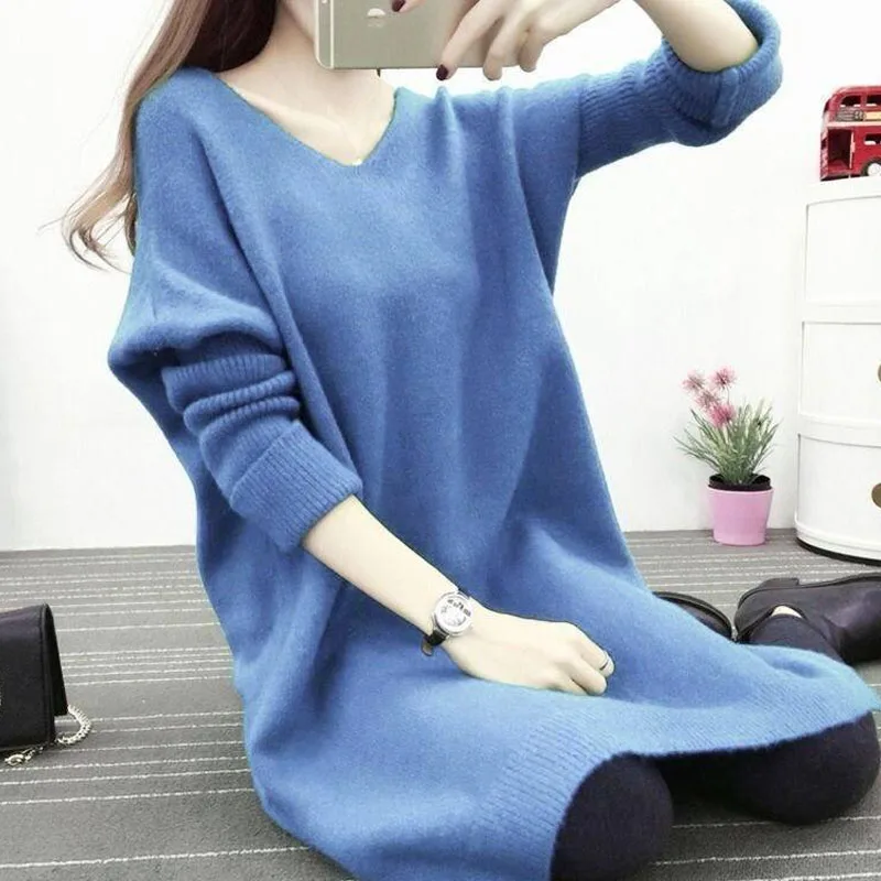 Autumn Winter Solid Color V-Neck Loose Lengthen Tops Fashion Women\'s Clothing Korean All-match Long Sleeve Split Knitted T-shirt