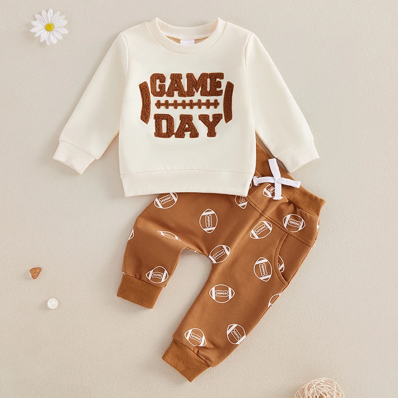 Autumn Baby Boys 2PCS Outfit Sets Long Sleeve Letter Embroidery Pullover Rugby Print Pants Sets