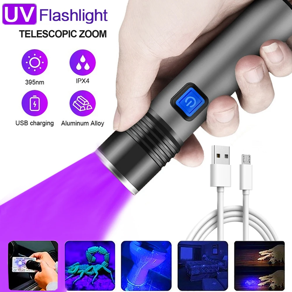 UV 395nm Flashlight Zoomable IPX4 Waterproof Stonego USB Rechargeable UV Lamp Inspection Ultraviolet Torch for Pet Urine