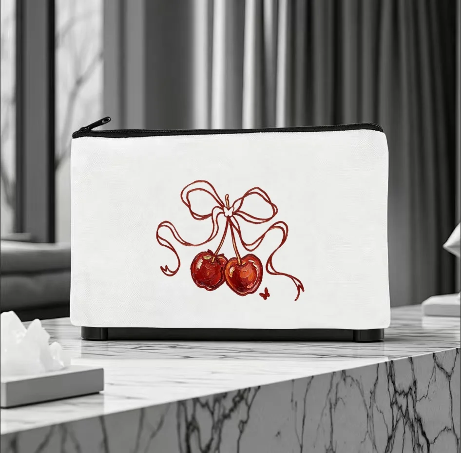 1PC Coquette Aesthetic Hand Drawn Cherries Bow Print Makeup Bag Double Sided Canvas Daily Storage Organizer