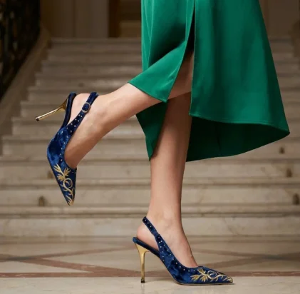 Green Embroidered Version Metal Buckle Decoration Women's Sandals Metal Head Rivet Decoration Back Strap  Luxury High Heels