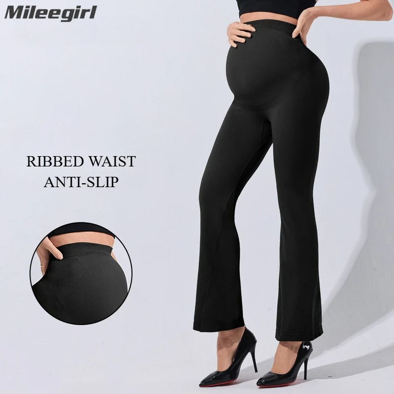 

Mileegirl Elastic Seamless Pregnant Women Yoga Pants Flared Sports Legging Ribbed Waist Worktou Pilates Workout Tights Anti Slip
