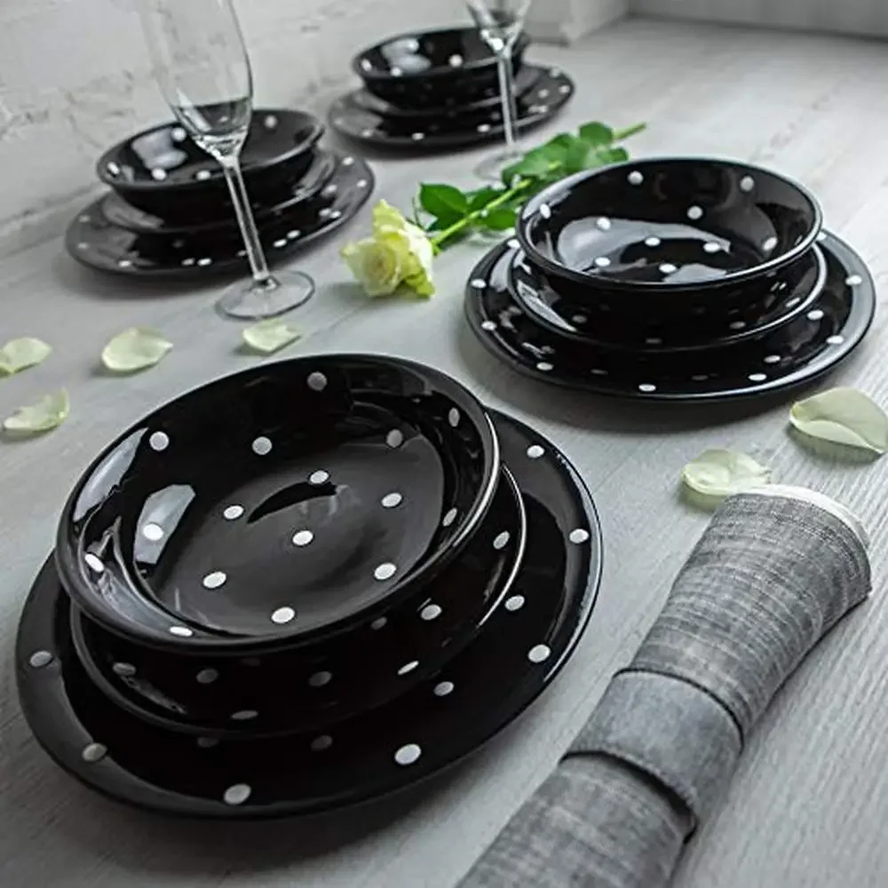 Handmade Ceramic 12-Piece Dinnerware Set Polka Dot Tableware Service 4 Plates Bowls Glassware Mugs Egg Cups Eco-Friendly